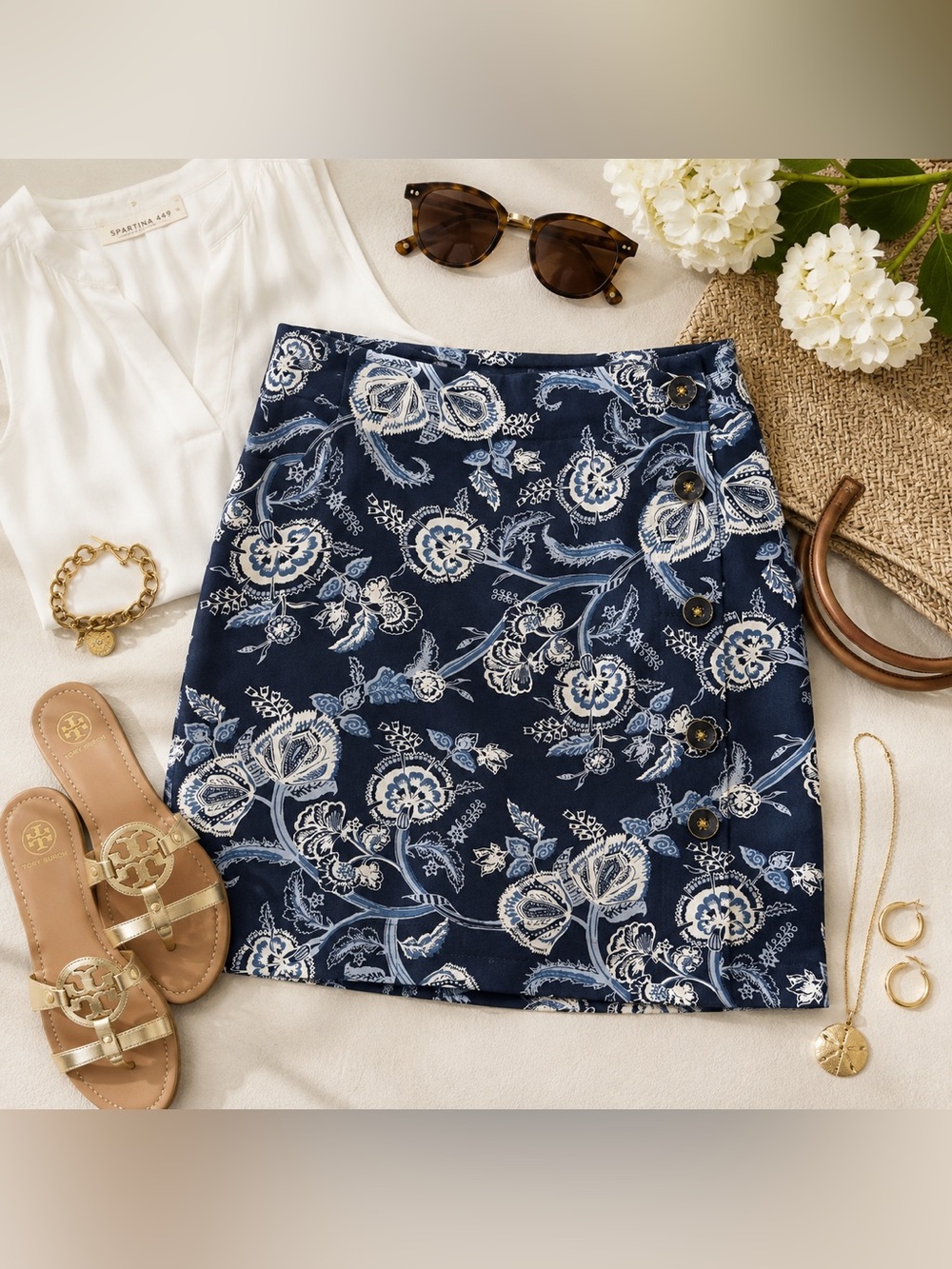 Spartina 449 Navy Floral Button Front Mini Skirt Coastal Resort Size L - Picture 2 of 8